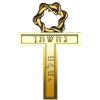A gold tau cross with a serpent etwined around it