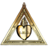 A gold triangle with a flaming heart in the center