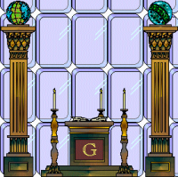 A graphic of a two pillars in front of a window