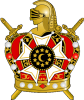 Crown, five armed cross, and swords